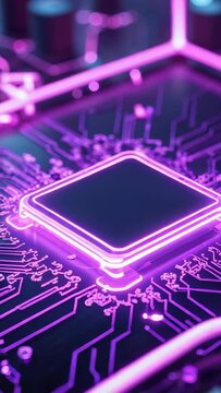Vertical video: Starting self-test square microchip pulsing neon pink traces on dark circuit board