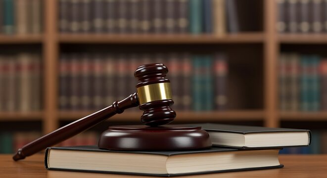Wooden gavel on legal books in front of bookshelf backdrop