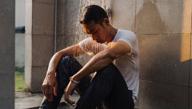 Man sitting in shower with head bowed in contemplation.