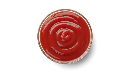 Glass bowl of ketchup from above on a white background.