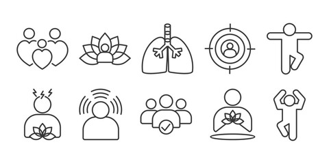 mindfulness icon set collection in outline style. Icon pack contains mindfulness, Compassion, Meditation, breathe,focus, balance, stress reduction, awareness,presence, body, soul