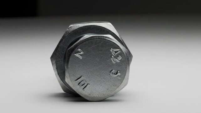 A close-up of a metal bolt and nut assembly on a light gray surface
