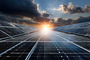 Solar panels reflect sunlight during sunset over renewable energy field