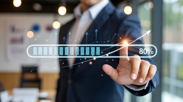 A person in a blue suit holding a smartphone displaying an updating progress bar at eighty percent