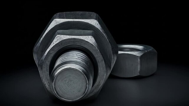 Macro shot of a large, heavy-duty bolt and nut assembly against a dark background