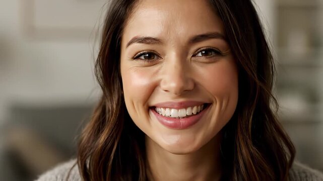 Close up portrait of a gorgeous young woman with a charming smile. Her face is illuminated by soft light, highlighting her features