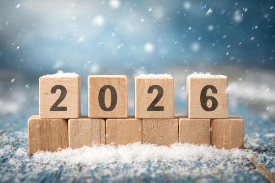 wooden number 2026 on Christmas shiny festive background with snow