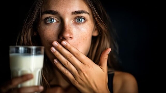 Woman gasps in surprise holding a glass of milk against a dark background