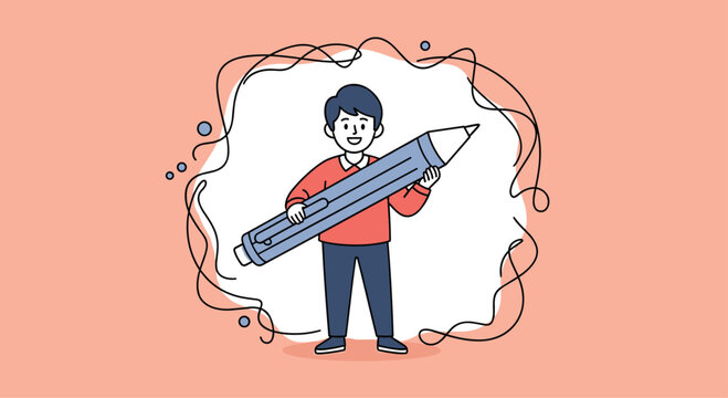 Creative concept of a happy cartoon boy holding a giant pencil, standing within a hand-drawn scribble frame, representing imagination and education. - Powered by Adobe