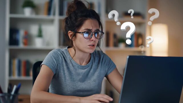 Puzzled young woman wearing glasses looking at her laptop screen with animated question marks. Conceptual video of doubt and problem solving