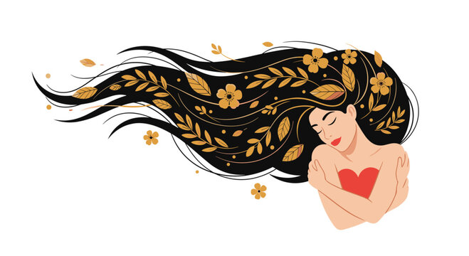 Beautiful woman embracing herself in an act of self-love, her long flowing hair decorated with golden botanicals, symbolizing wellness and self-care.