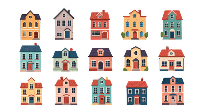 Large collection of colorful and diverse cartoon houses and apartment buildings, showcasing various architectural styles for real estate or cityscape design.