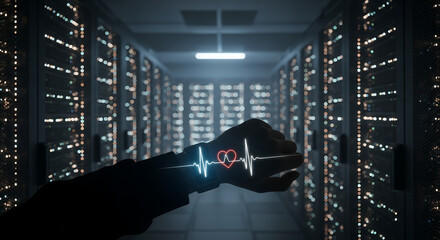 Futuristic digital data center with glowing server racks and a silhouette of a hand holding a holographic ecg heart monitor