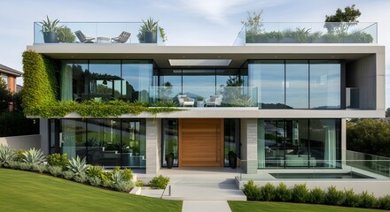Luxury Modern House with Glass Balconies and Lush Greenery