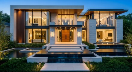 Luxury Modern Mansion Exterior at Dusk with Water Features and Architectural Lighting