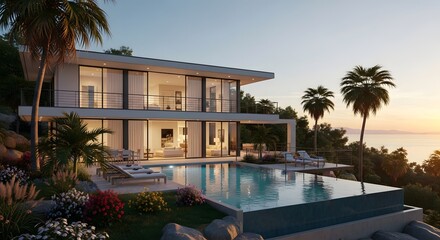Luxury Modern Villa with Infinity Pool and Ocean View at Sunset