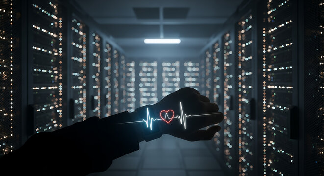Futuristic digital data center with glowing server racks and a silhouette of a hand holding a holographic ecg heart monitor - Powered by Adobe