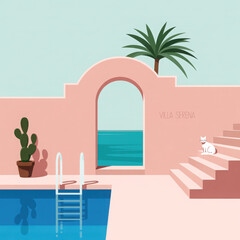 3d rendered illustration of villa serena poolside with ocean view