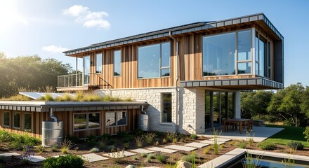 Modern Eco-Friendly House with Green Roof and Solar Panels