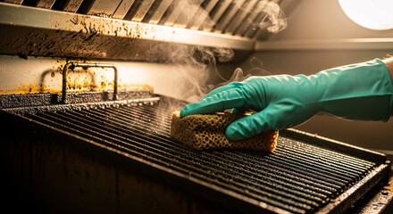 Hand in glove cleaning grill with sponge in commercial kitchen with exhaust hood