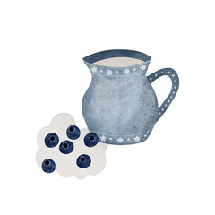 Watercolor creamer with blueberries. Blue creamer with spilled cream and blueberries isolated on white.