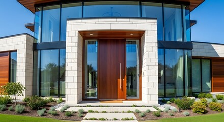 Modern Luxury Home Entrance with Wood Door, Stone Facade, and Large Glass Windows