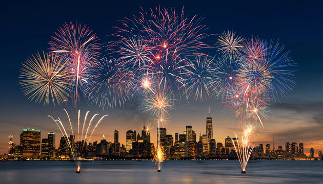City skyline at night with colorful fireworks exploding above.