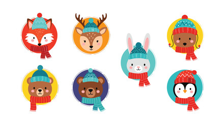 Fototapeta premium Set of cute winter animal portraits inside colorful circles, featuring a fox, deer, bear, and penguin all wearing cozy knitted hats and scarves for the holiday season.