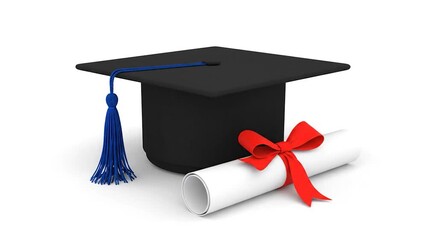 Graduation cap with diploma tied by a red bow, sitting on a white background, concept illustration