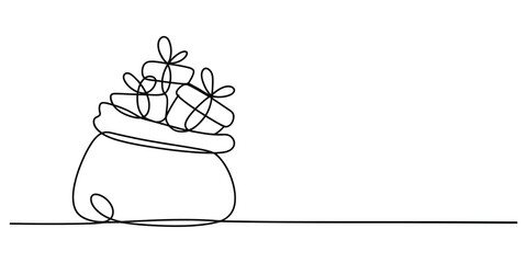 Minimalist continuous line drawing of a gift bag full of presents.