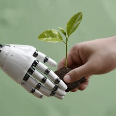 Human and robotic hands plant glowing digital seedling together. Showcase the growth of digital innovation through symbolic planting imagery.