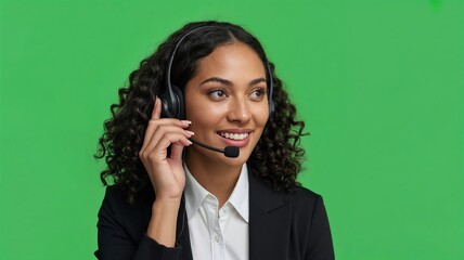Gently female call center operator talking with headset on green screen background for customer support and communication service.