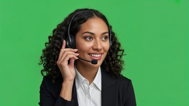 Gently female call center operator talking with headset on green screen background for customer support and communication service.