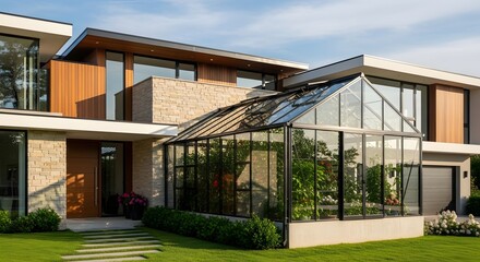 Modern Luxury Home with Integrated Greenhouse and Stone Facade