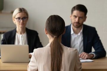 Job interview with candidate and recruiters in office professional hiring and employment concept.