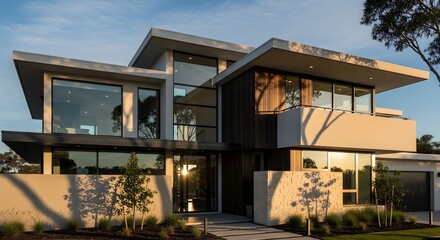 Modern Luxury Home with Large Windows and Sunset Light