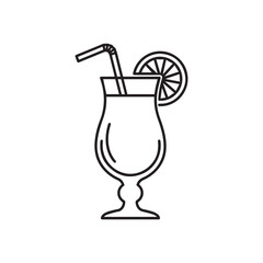 Outline icon of a hurricane cocktail with a straw and lemon slice isolated on white background