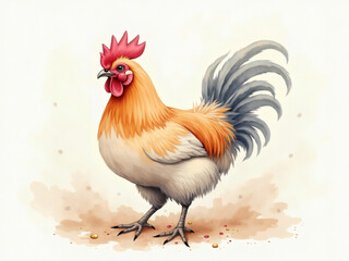 Colorful rooster standing proudly on a light background, showcasing its vibrant feathers and charming presence in a peaceful setting