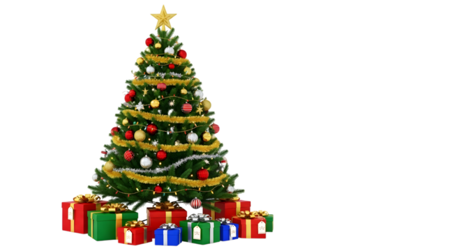 Decorated christmas tree with gifts isolated on transparent background