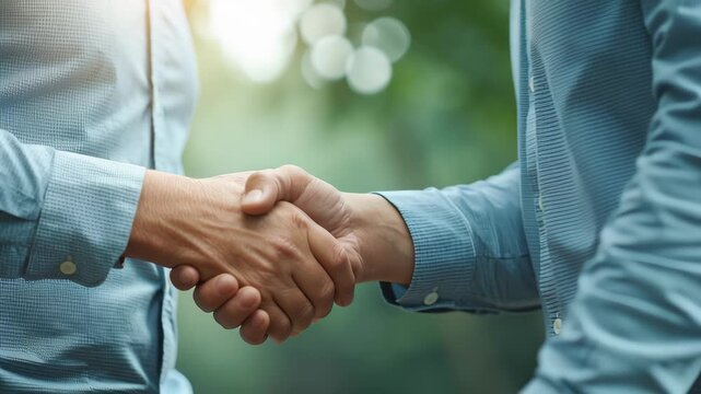 Two hands shaking in a natural setting symbolizing agreement, partnership, and trust in business