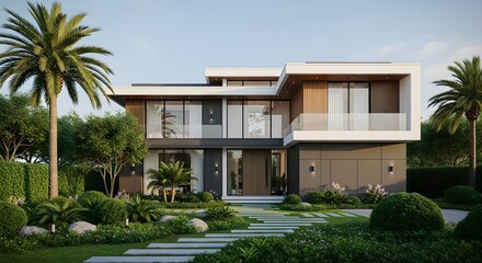 Modern Luxury Home with Tropical Landscaping and Palm Trees