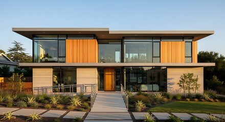 Modern Luxury Home with Wood and Glass Facade, Landscaped Garden, and Clear Sky
