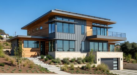 Modern Luxury Home with Wood and Metal Facade, Solar Panels, and Large Windows