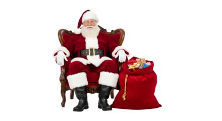 Santa claus sitting in chair with gift bag isolated on transparent background