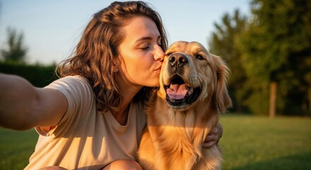 Young woman kissing happy golden retriever dog outdoors showing love friendship and pet companionship.