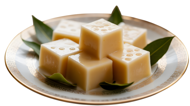 A plate holds sweet cubes with leaves, isolated transparent png image.