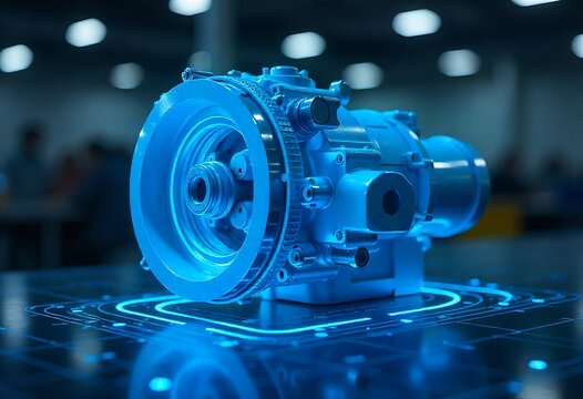 Futuristic machine part glowing in blue hologram light. Showcases advanced industrial technology, CAD design, automation, and innovation in a digital factory environment for modern engineering.