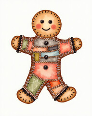 Whimsical gingerbread figure with colorful patches and cheerful smile in cozy holiday setting