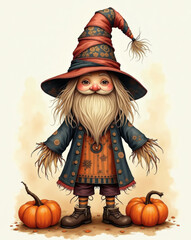 Charming autumn gnome stands with pumpkins in a whimsical harvest scene, capturing the magic of fall celebrations