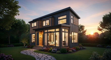 Modern Luxury House Exterior at Sunset with Lush Garden and Stone Pathway